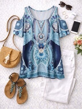 Boho Turquoise Mandala Cold Shoulder Tunic Top XXL